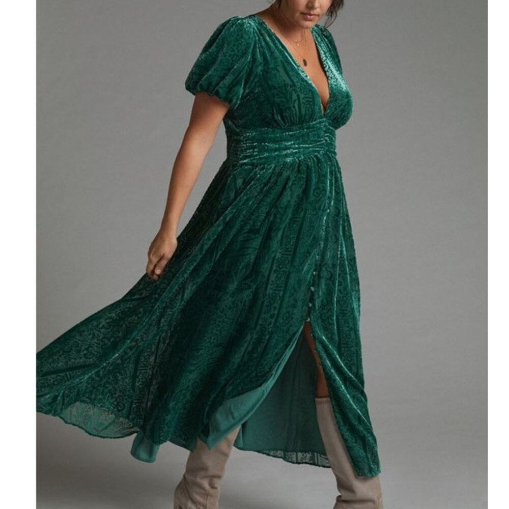 NWT Anthropologie Maxi Dress Green Puff-Sleeve Burnout Velvet 24W, 3X Boho Party